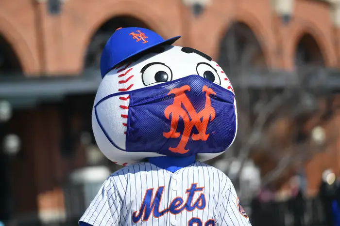 Mr. Met at the opening of the COVID-19 vaccination site at Citi Field in Queens.
